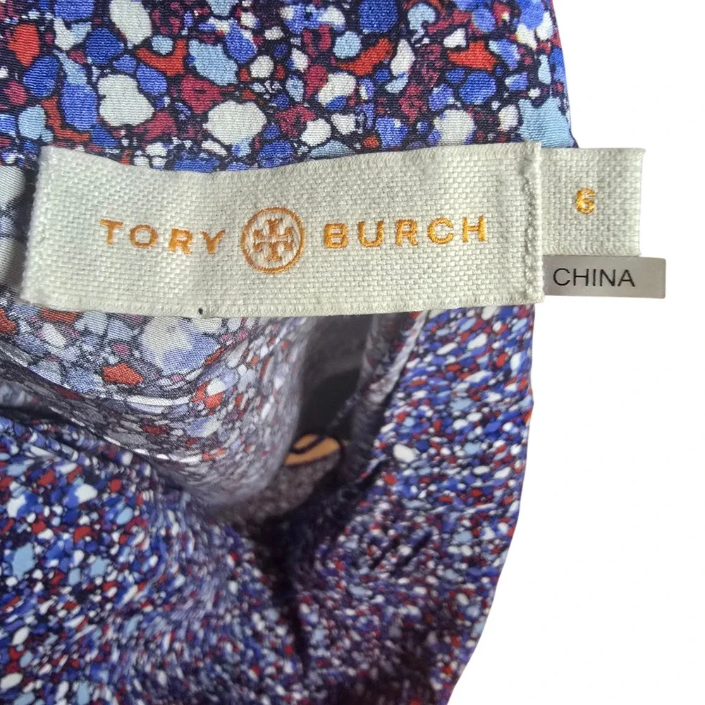 Tory Burch Silk Cami Top Size 6 Blue Abstract Print Crisscross Back Romantic Lux